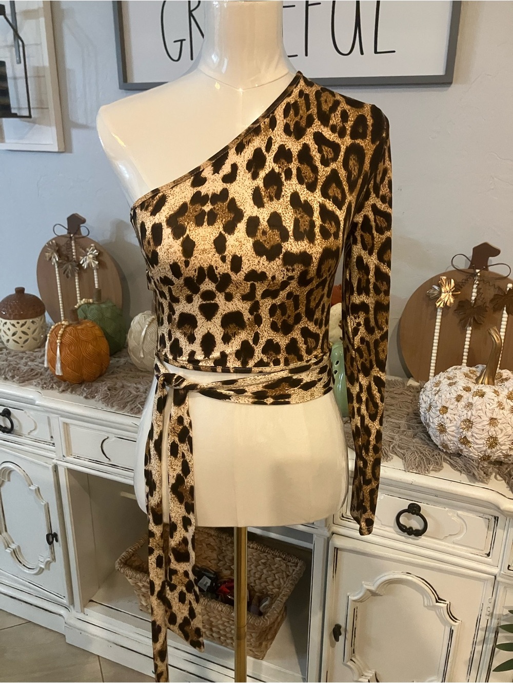SHEIN One-Shoulder Leopard Wrap Top in Gold and Black